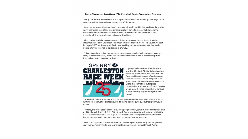 Cancellation of the Sperry Charleston Race Week 2020