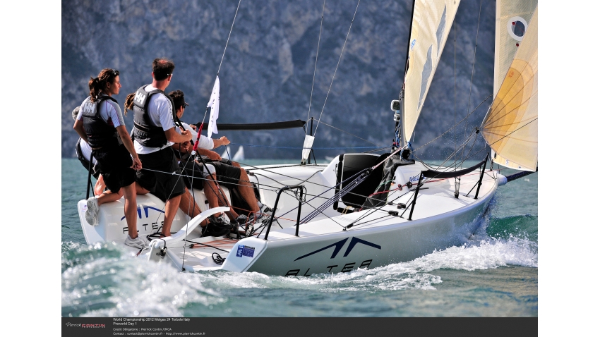 Andrea Racchelli helming Altea at the 2012 Melges 24 World Championship in Torbole, Italy