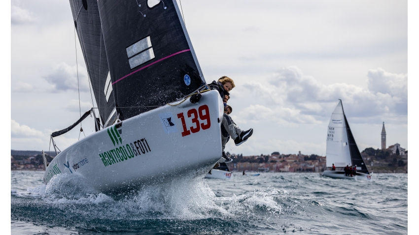 Some big waves on Day Two of the opening event of the Melges 24 European Sailing Series 2022 in Rovinj, Croatia - ALeAliEurocart ITA139 of Francesco Cricchiutti