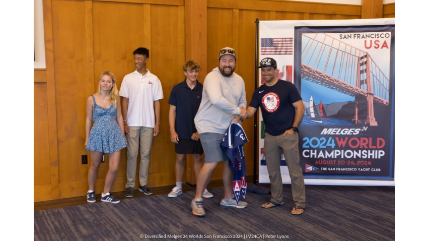 David Liebenberg of the Paris 2024 US Sailing Team (Nacra 17) congratulating team CONVEXITY's coach Michael Rehe - 2024 Diversified Melges 24 Worlds 2024 San Francisco 