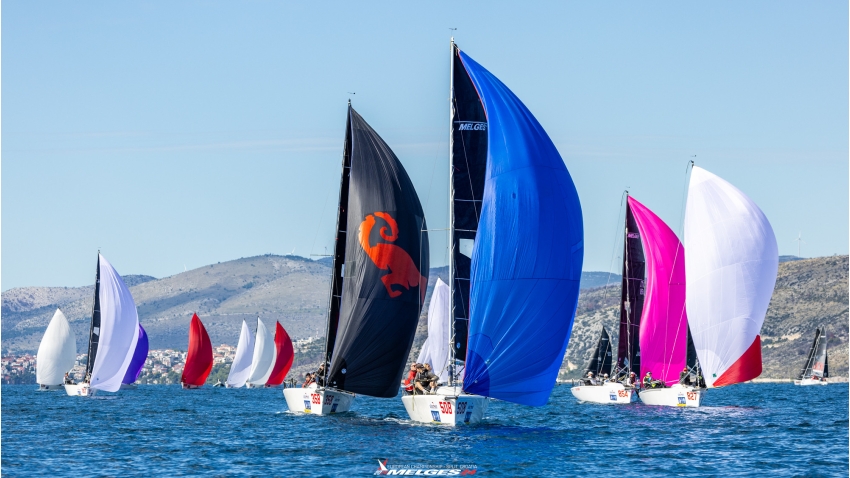 Two six-member teams - The Pimp CRO358 and Sitting Duck SWE508 in front of the pack at the Melges 24 European Championship 2024 in Split, Croatia