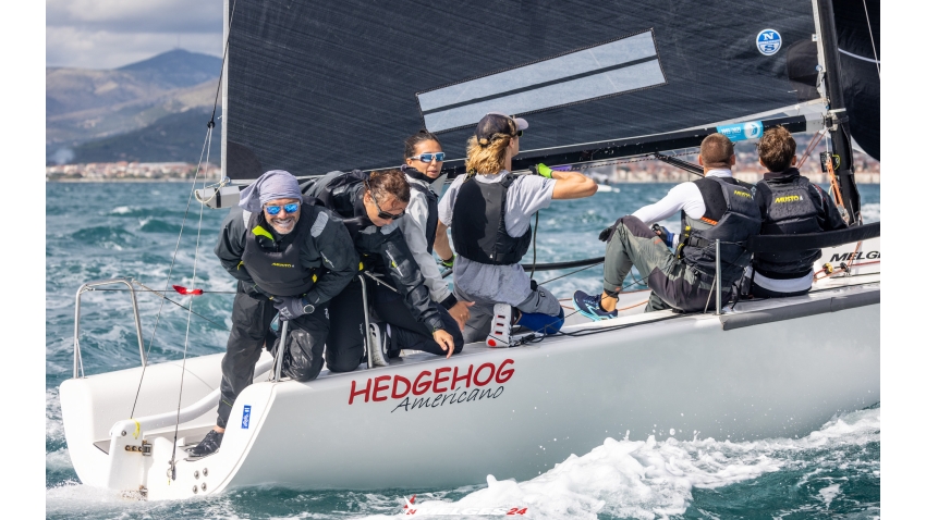 Stefano Lapo's team on Hedgehog DEN634 sailing on six at the Melges 24 European Championship 2024 in Split, Croatia