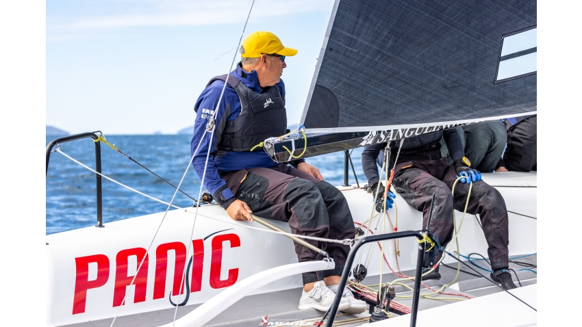 Luka Sangulin and Tomislav Basic sitting in the cockpit racing Panjic CRO739 at the Melges 24 European Championship 2024 in Split, Croatia