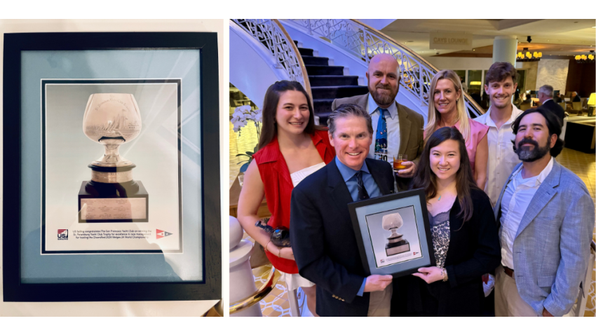 The San Francisco Yacht Club team with the 2024 St. Petersburg Yacht Club Trophy for outstanding race management at the 2024 Diversified Melges 24 World Championship