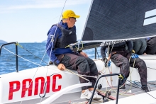 Luka Sangulin and Tomislav Basic sitting in the cockpit racing Panjic CRO739 at the Melges 24 European Championship 2024 in Split, Croatia